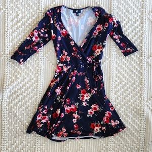 Navy Floral V-Neck A-Line Faux-Wrap Dress